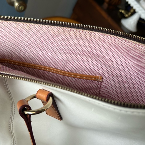EUC Dooney & Bourke Smooth Leather Tobi Tote - Beige & Tan w/ Fuchsia Interior - Picture 12 of 16